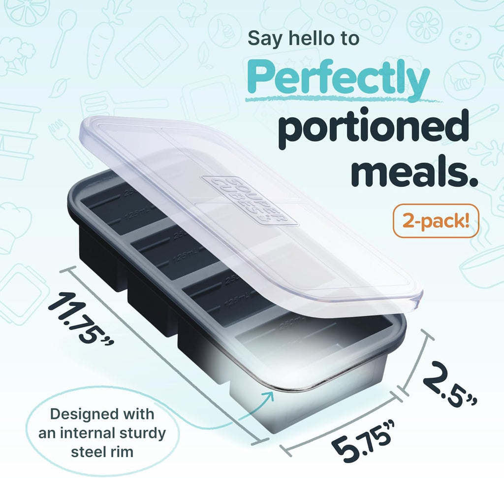 Souper Cubes 1 Cup Silicone Freezer Tray - Ideal for Broth, Leftovers & Meal Prep | Charcoal - 2-Pack