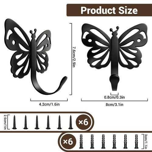 Midukit Butterfly Design Wall Hooks for Towel and Coat: 20LB Screw in Aesthetics Metal Hanger Wall Mount for Living Room, Bathroom, Kitchen, Bedroom for Coat, Bag, Scarf, Towel, Hat, Key, Cup, 3 Pack