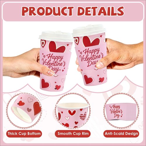 50 Pcs Valentine's Day Coffee Cups 16 oz Disposable Pink Red Heart Paper Drinking Cups Love Heart Coffee Containers for Hot and Cold Beverage Water Juice Cocoa Valentine's Day Wedding Party Supplies