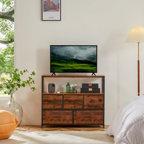 DUMOS TV Stand Dresser with 5 Fabric Storage Drawers, Media Console Featuring Open Shelf for 45 inch TV, Compact Entertainment Unit for Bedroom, Living Space, or Dorm Organization, Rust