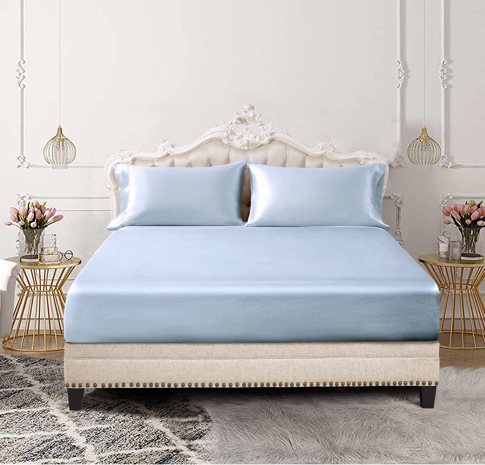 SiinvdaBZX 3-Piece Set Satin Twin XL Fitted Sheet & 2 Pillowcase, Baby Blue Silky Soft Fitted Bottom Sheet Twin Extra Long Bed Sheets, Wrinkle Free, Fade Resistant (Deep Up to 15")