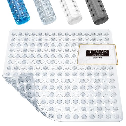 HITSLAM Shower Mat Anti Slip, Square Bath Mat for Tub Non Slip with Suction Cups and Drain Holes, 21x21 Inch Bathroom Shower Stall Floor Mat, Machine Washable, Soft on Feet, Clear