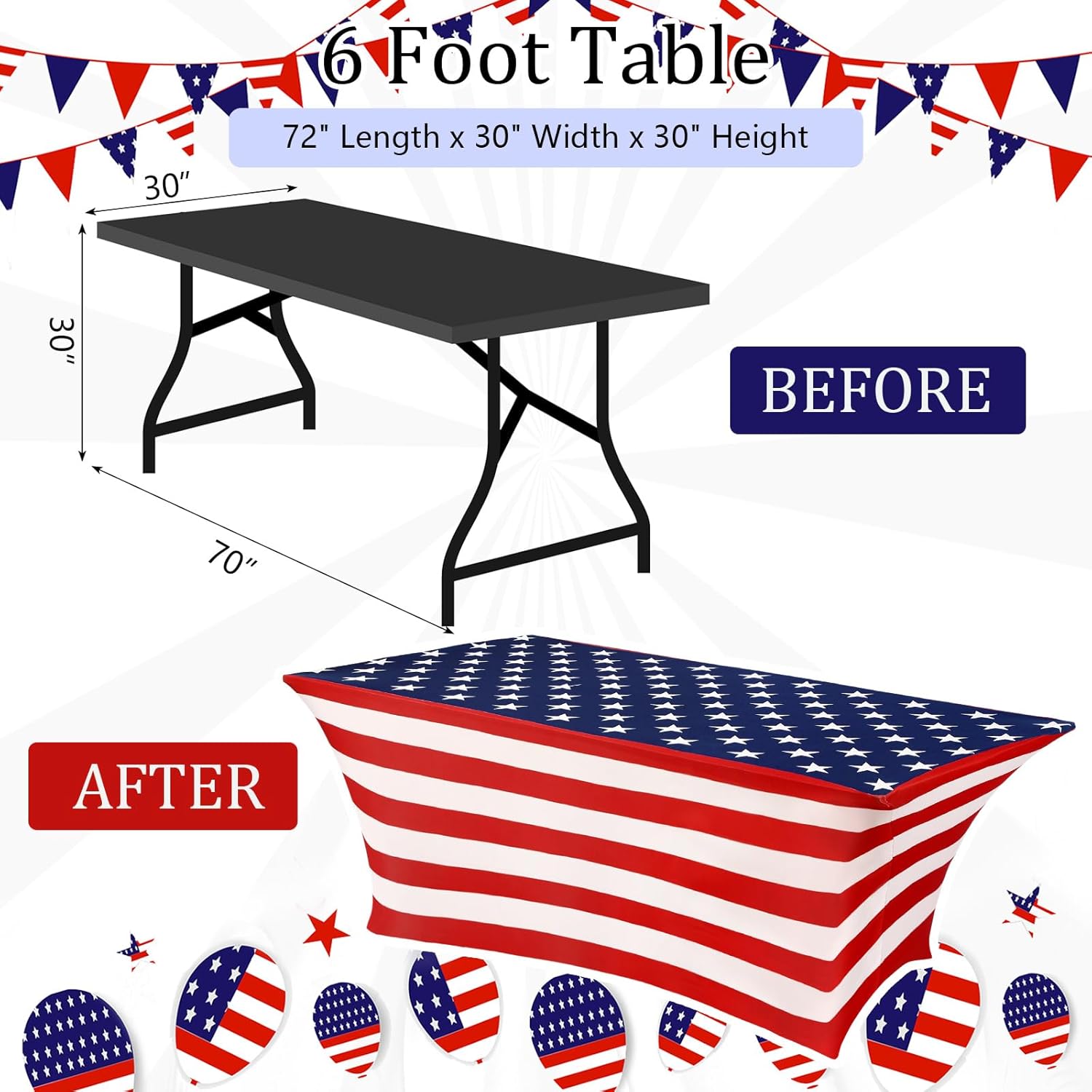 Oudain 2 Pcs Stretch Table Covers - Patriotic Red, White & Blue Spandex for 4th of July Celebrations | 6 Feet