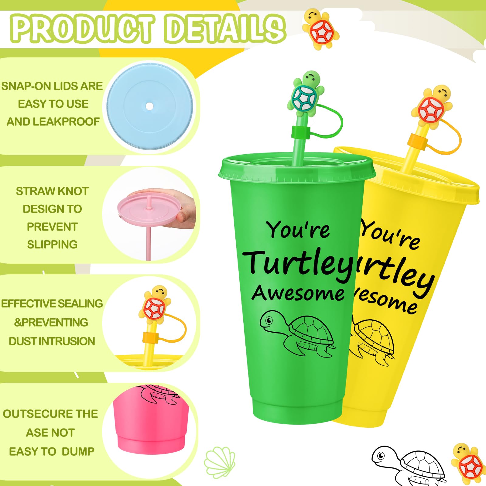 Jingmore 12 Set End of Year Students Gift from Teacher Bulk You're Turtley Awesome 24 oz Plastic Tumblers with Lids and Straw Stoppers Employee Appreciation Cups for Staff Coworker Team Teacher