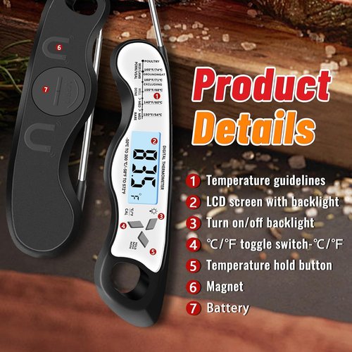 Meat Thermometer - Skiennix IP67 Waterproof Digital Thermometer with Backlight & Magnet | Perfect for BBQ & Cooking