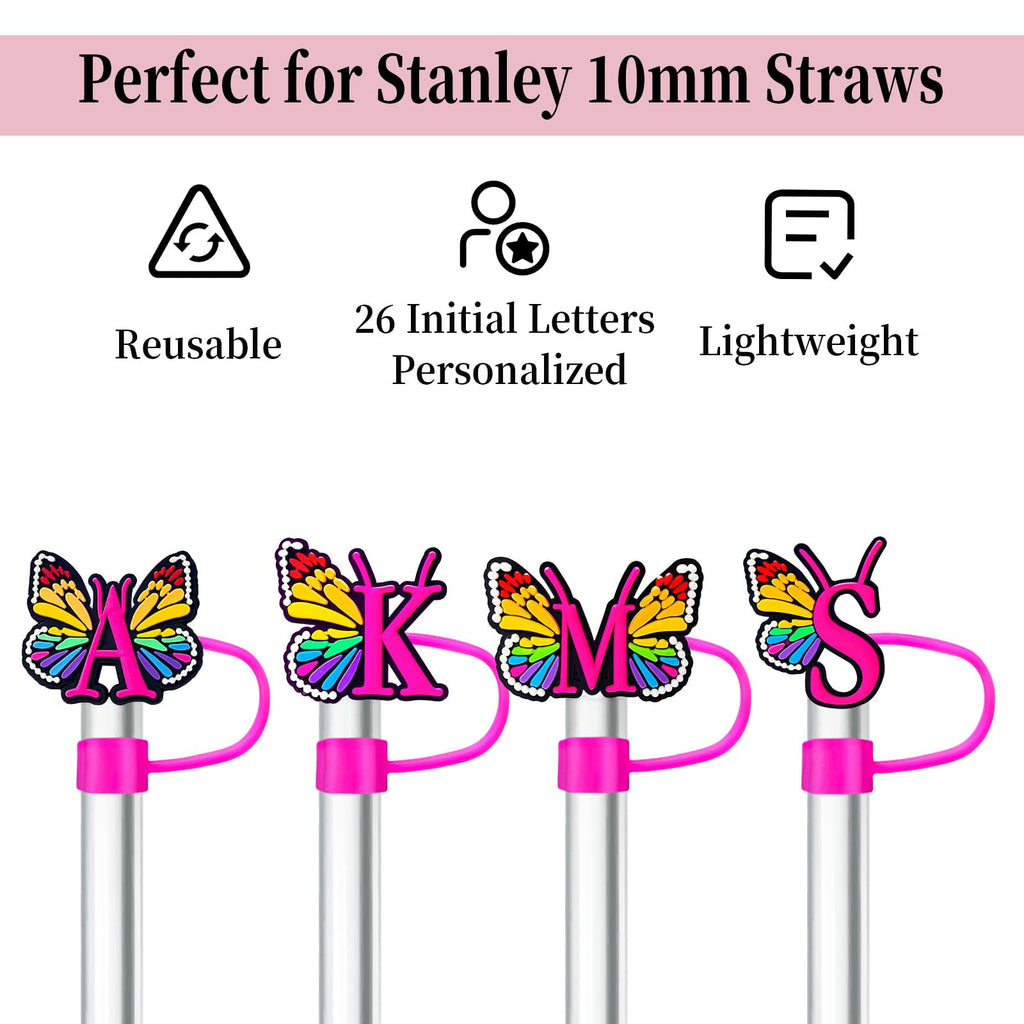 (2+2 Straw Cover 10mm and Initial Letter Charms Accessories For Stanley Tumbler Cup, Straw Cap Topper/Letters A to Z Charm Chains Name ID Personalized For Stanley 30&40 Oz Cup Tumbler