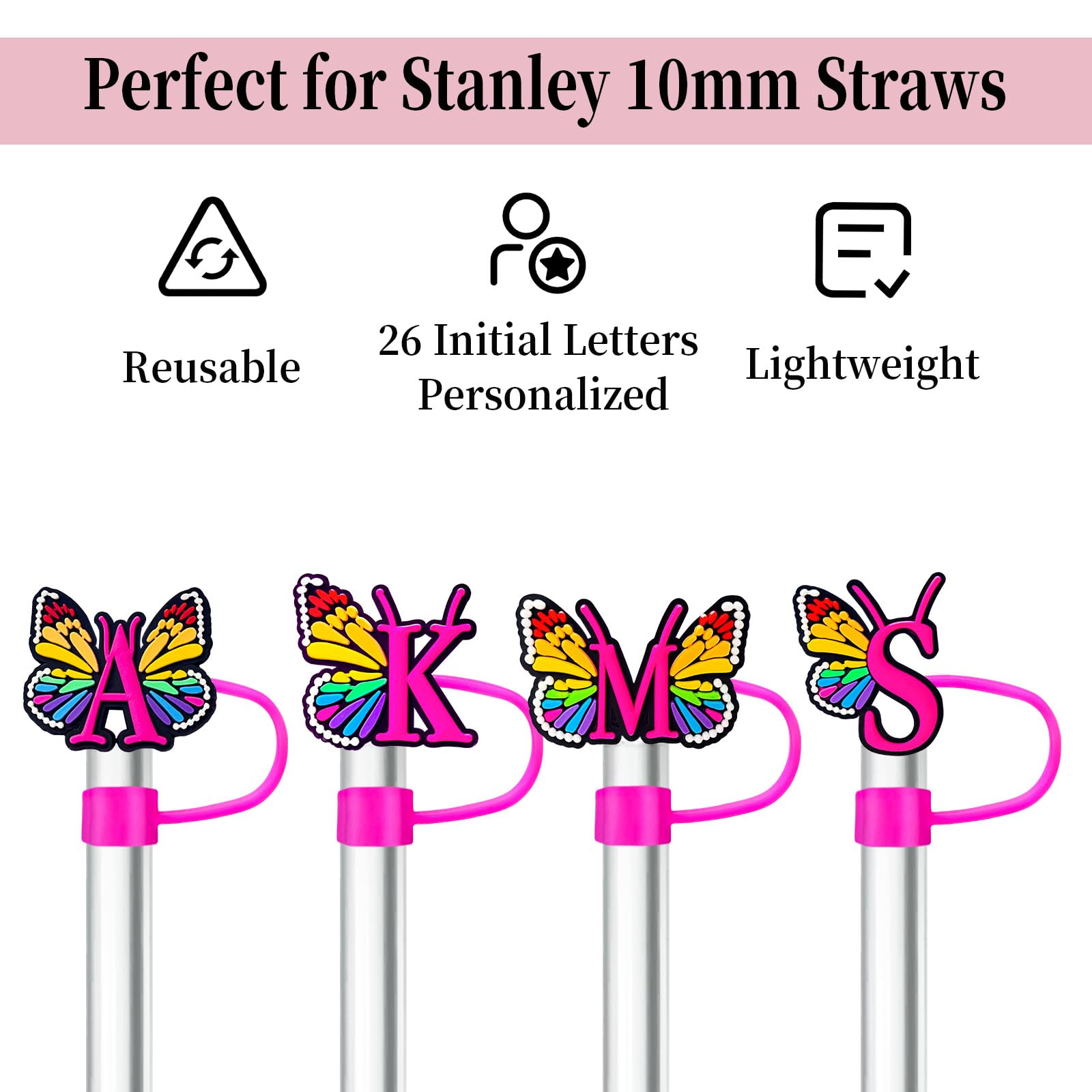 (2+2 Straw Cover 10mm and Initial Letter Charms Accessories For Stanley Tumbler Cup, Straw Cap Topper/Letters A to Z Charm Chains Name ID Personalized For Stanley 30&40 Oz Cup Tumbler