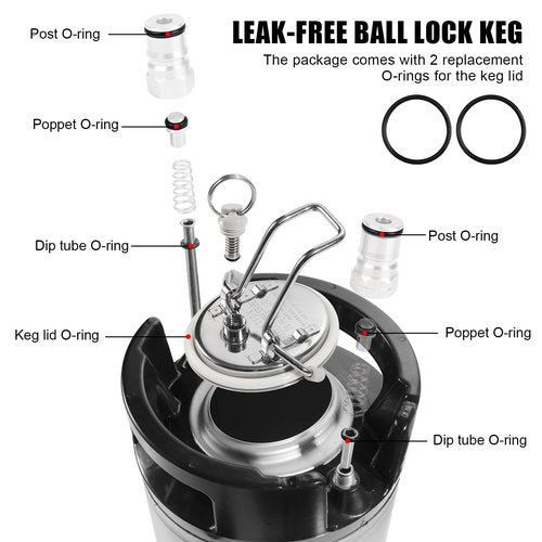 Hgkeke New 2.5 Gallon Ball Lock Keg, 304SS Corny Keg Cornelius Keg with Dual Rubber Handles & Rubber Bottom -Portable Beer Keg with 2 Keg Lid Gaskets - Ideal for Homebrew Party Beer&Beverage Disperse