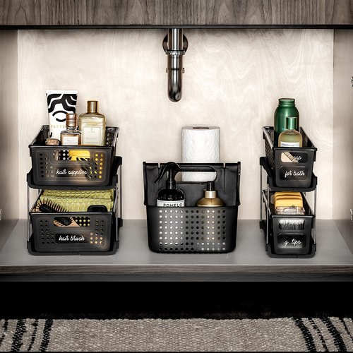 madesmart Premium Small 2 Tier Organizer, Under Cabinet Storage with Sliding Drawers, for Cleaning Supplies, Pantry, Sponges, Bottles, Adjustable Dividers & Pull Out Sliding Baskets, Carbon