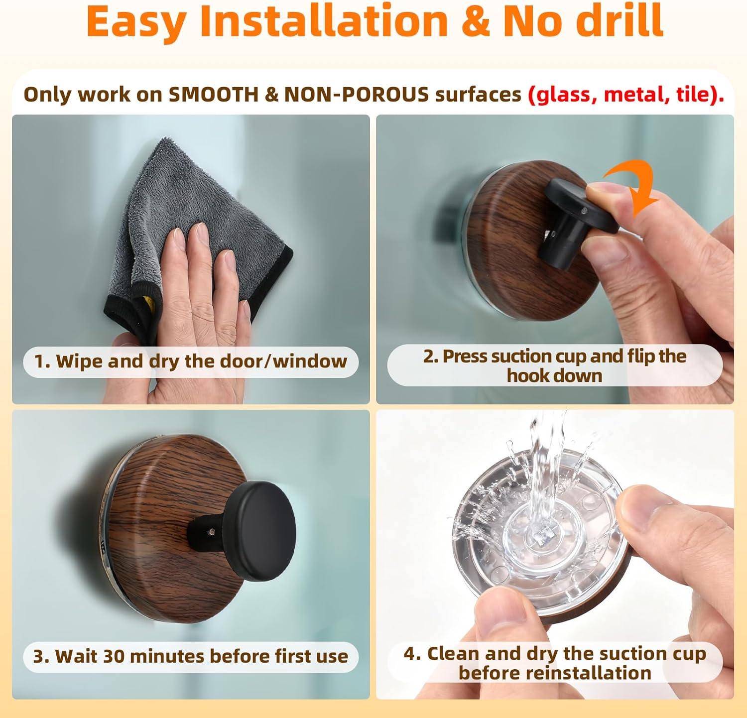 Walnut Suction Cup Wreath Hanger - No Drill Hook for Front Door & Window | 2 Pack for All Seasons
