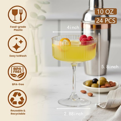 SDBALLBZ Plastic Martini Glasses, Detachable Coupe Glasses, Ribbed Vintage Cocktail Glass with Gold Rim, Unbreakable Reusable BPA-free Stemware for Wedding Anniversary (24pcs, Clear)