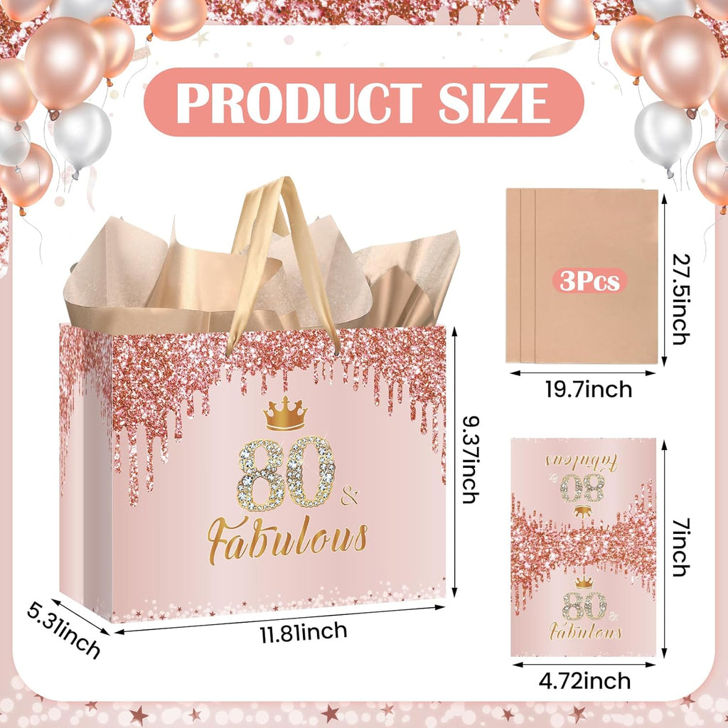 Yoirrat Rose Gold 80th Birthday Gift Bag - Large Pink Design with Wrapping Paper & Card for Celebrations