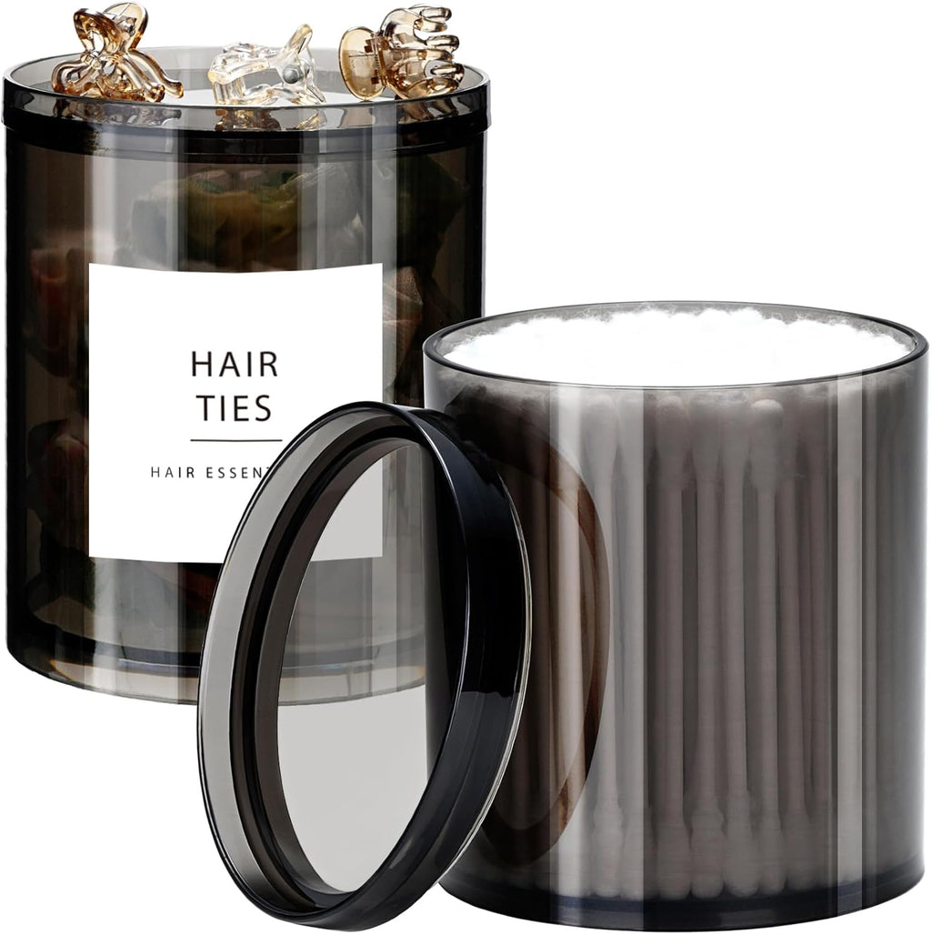 SheeChung Qtip Holder - 12 oz Apothecary Jar Set | Stylish Bathroom Organizer for Cotton Swabs & Pads - Translucent Black