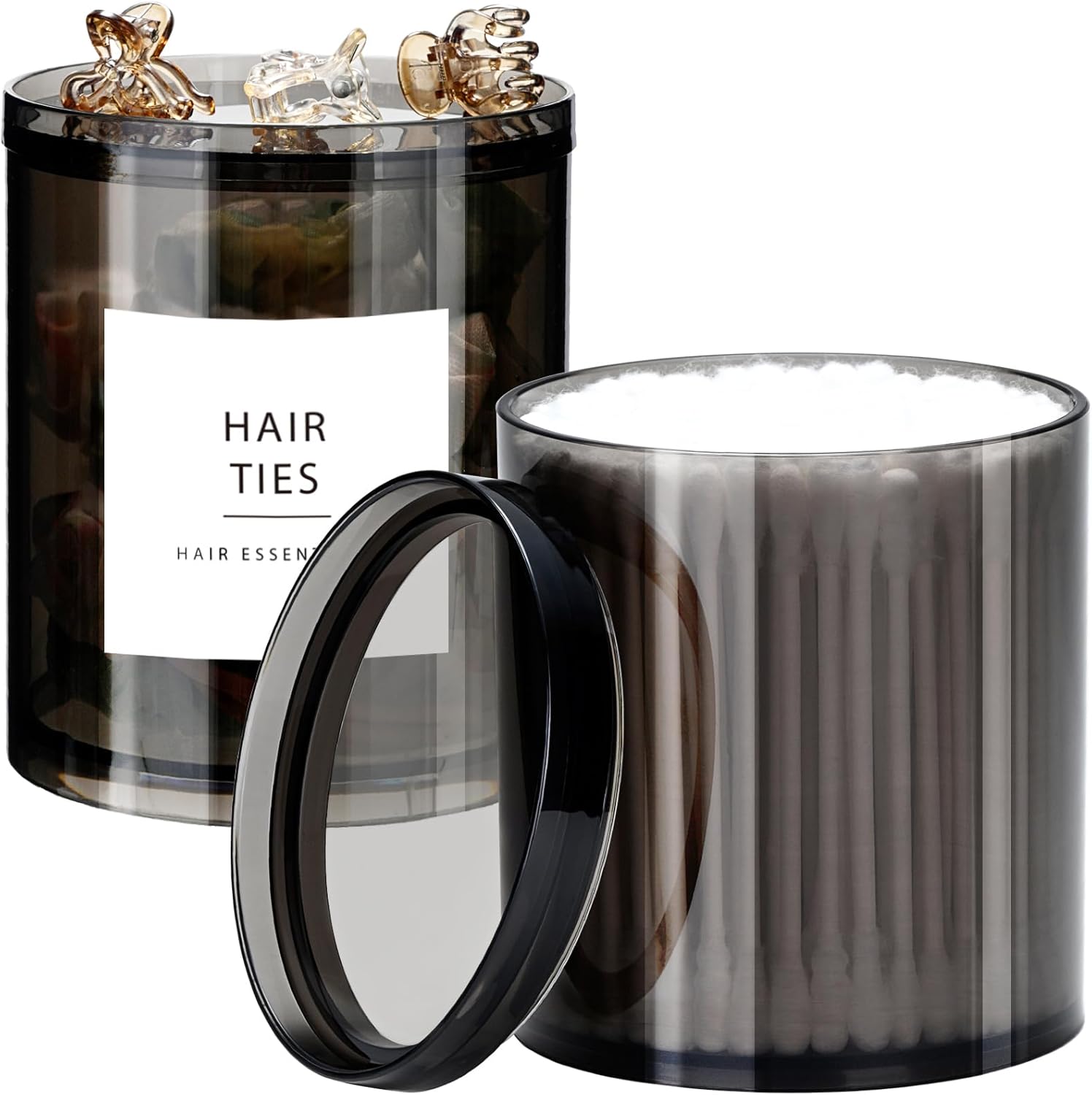 SheeChung Qtip Holder - 12 oz Apothecary Jar Set | Stylish Bathroom Organizer for Cotton Swabs & Pads - Translucent Black