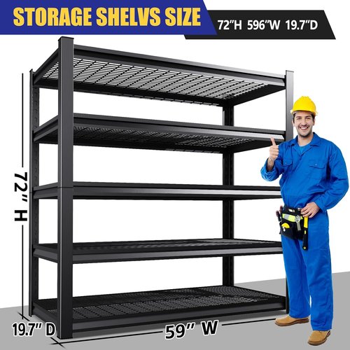 Garage Shelving | Heavy Duty 5-Tier Metal Storage Unit - Adjustable 3500 lbs Capacity, 72"x59"x20", Black