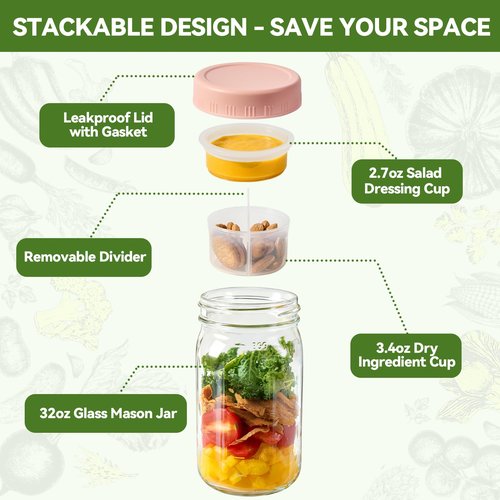 BLAZPATH 4 Pack Glass Salad Mason Jars with Dressing Cup, 32 oz Mason Jars Salad Container with Lids Meal Prep for Lunch, 2 Insert Separate Cups with Divider for Dressing and Dry Ingredients