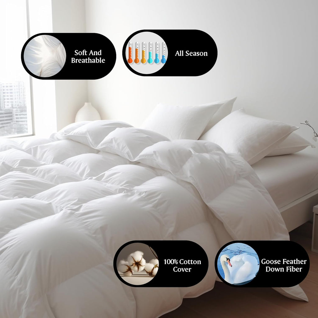 Royal Luxe Goose Feather Down Comforter - Ultra Soft Queen Size Duvet Insert | 100% Cotton, All-Season Bedding, 88”x88”