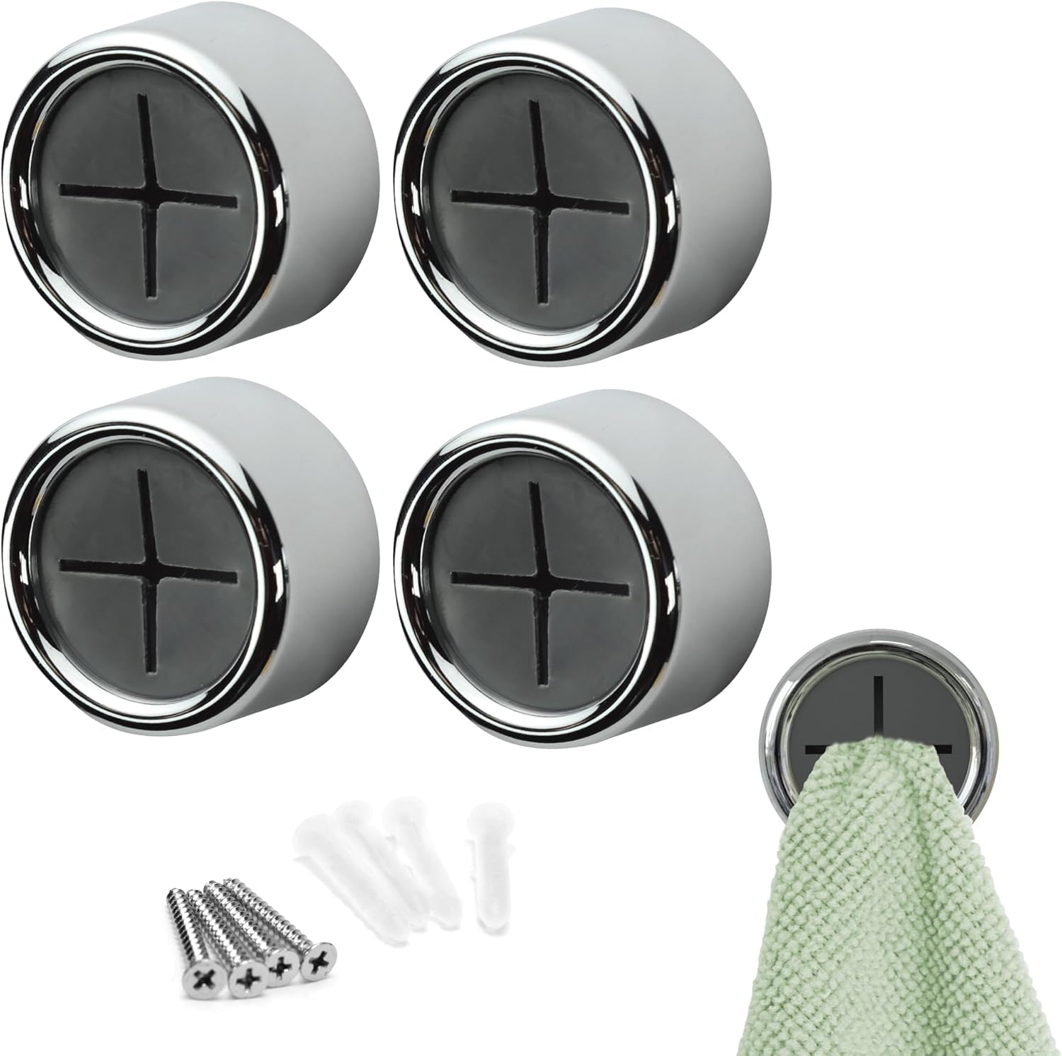 S&T INC. Round Adhesive Towel Hooks - Durable Grey Holders for Kitchen & Hand Towels | 4 Pack