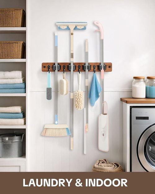 Lorbro Broom Holder Wall Mount - 2 Pack Wooden Mop Organizer with 4 Slots & Hooks for Garage, Kitchen, Laundry Room