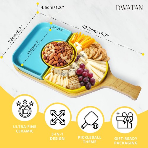 DWATAN Pickleball Paddle Snack Tray Set, Ceramic Serving Plate with Charcuterie Cutting Board, Unique Valentine's Day Pickleball Gifts for Women and Men
