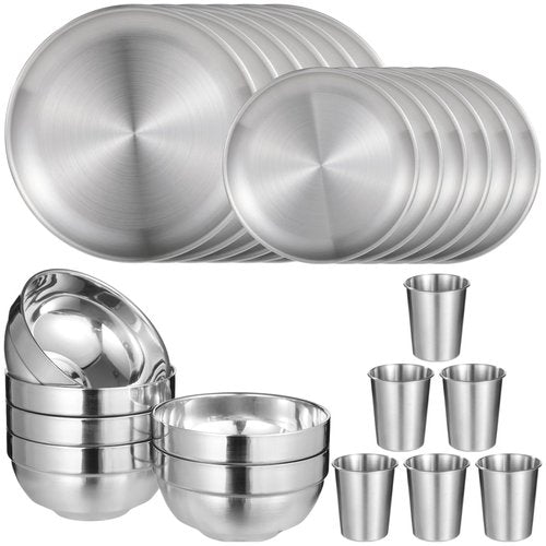 24 PCS Stainless Steel Dinnerware Set, Includes 12PCS 6.7 & 10.2 in Plates, 6 Pieces Bowls and 6 Pieces Cups, 304 Reusable Camping Mess Kits for Home Kitchen, Dorm and Outdoor Picnic (Silver)