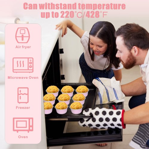 100 Pack 5oz Cupcake Pans with Dome Lids, Disposable Ramekin Cupcake Liners,Reusable Mini Muffin Case Dessert Containers for Birthday Wedding Party - Pink