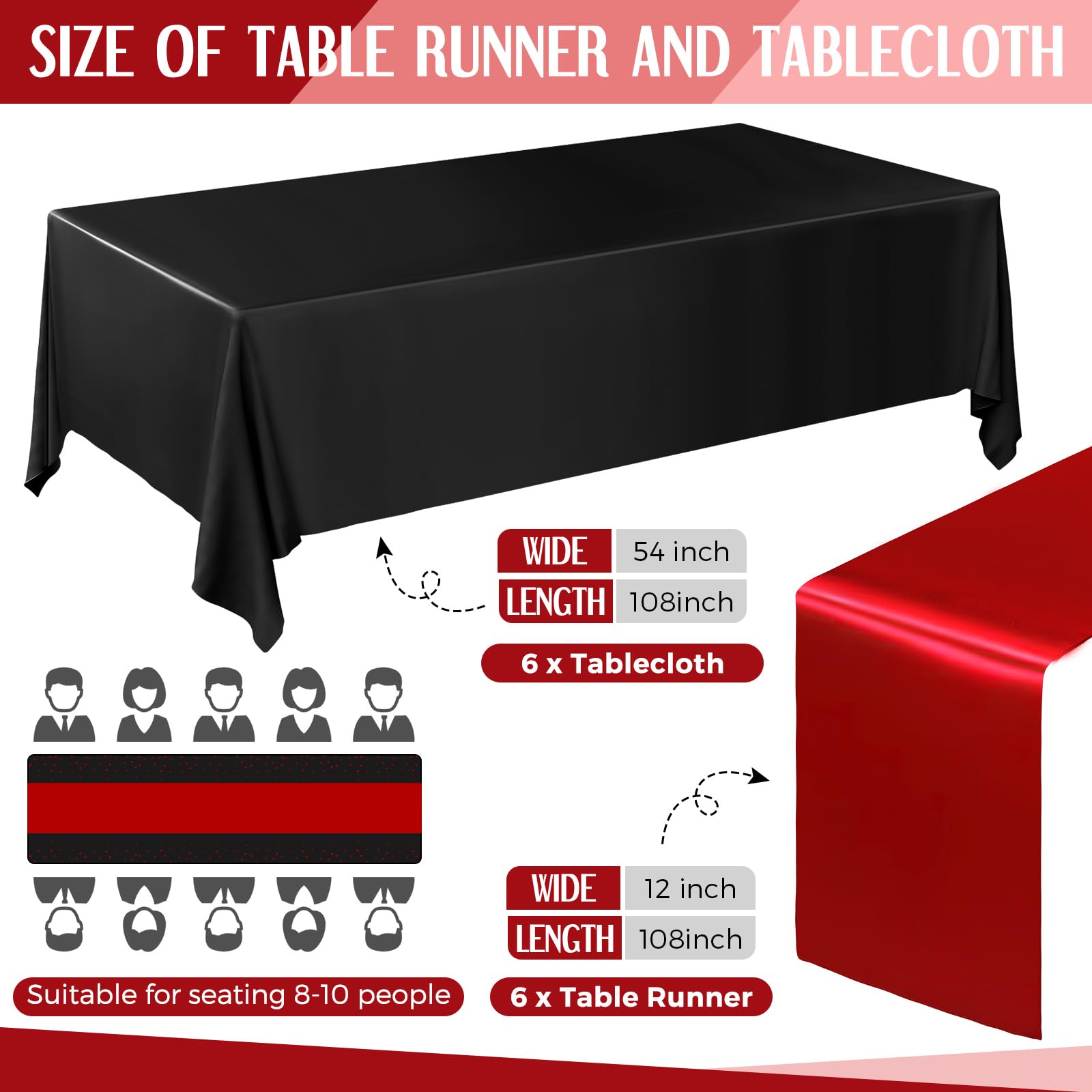 Tudomro 12 Pcs Black and Red Disposable Plastic Tablecloths and Satin Table Runner Set, 54 x 108 Inch Tablecloth, 12 x 108 Inch Table Runners for Wedding Baby Shower Birthday Party