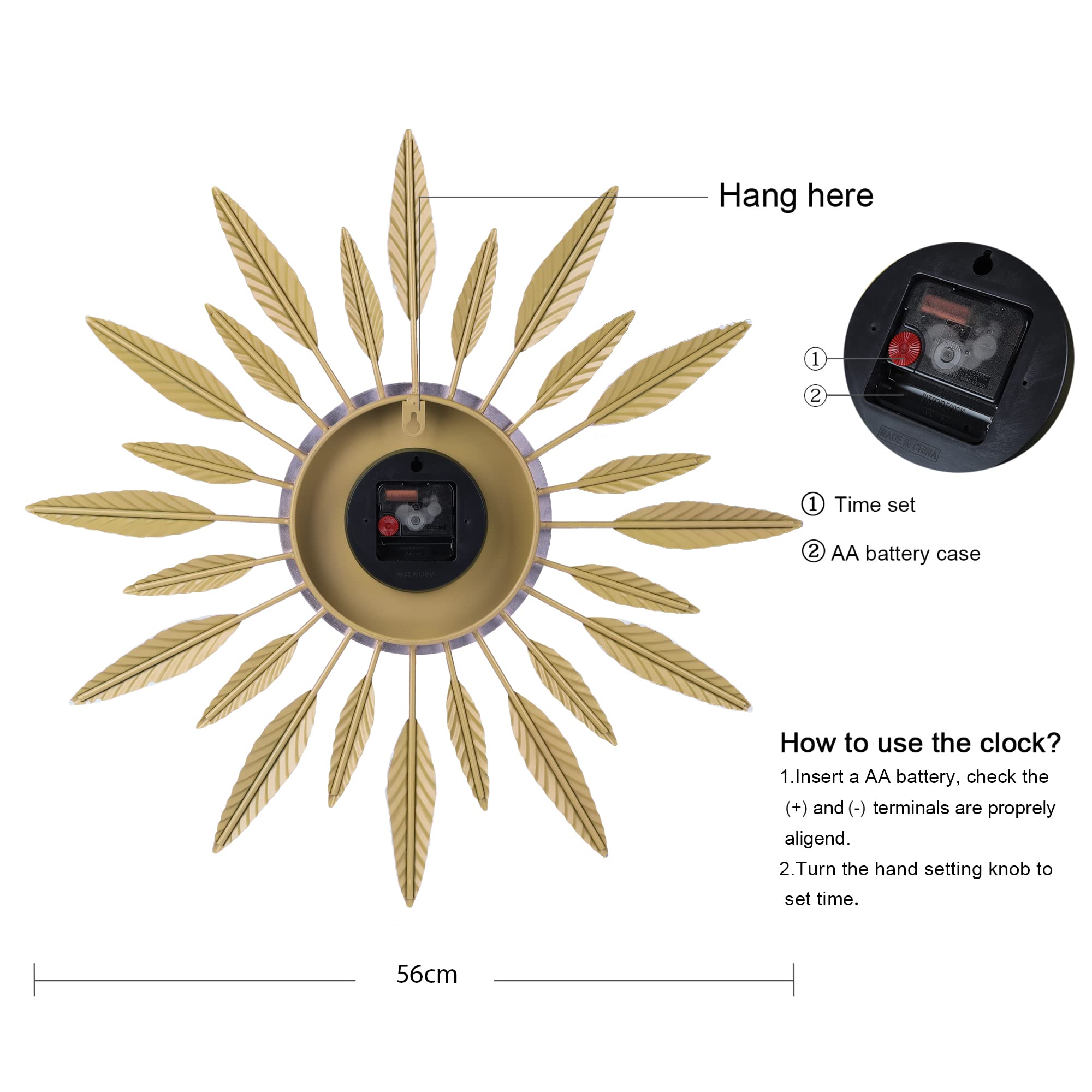 Lafocuse 23 Inch Silent Large Wall Clock for Living Room Décor, Decorative Mid Century Wall Clock, Sunburst Starburst Wall Clocks Battery Operated, Modern Art Deco