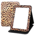 Foldable Travel Makeup Mirror, Portable PU Leather Standing Desk Mirror Rounded Corner, Large Folding Desktop Vanity Mirror with Adjustable Stand for Vanity Table, Office, Camping Leopard Print