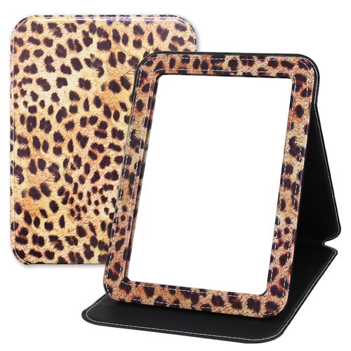 Foldable Travel Makeup Mirror, Portable PU Leather Standing Desk Mirror Rounded Corner, Large Folding Desktop Vanity Mirror with Adjustable Stand for Vanity Table, Office, Camping Leopard Print