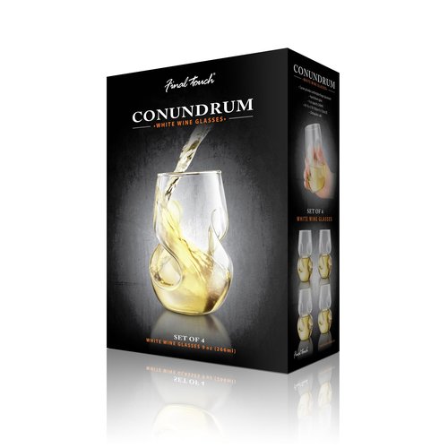 Final Touch Conundrum White Wine Glasses - Set of 4 Stemless Handcrafted Glasses - 9 oz Capacity - Sleek Curves for Comfortable Tasting - Dishwasher Safe (GG5008)