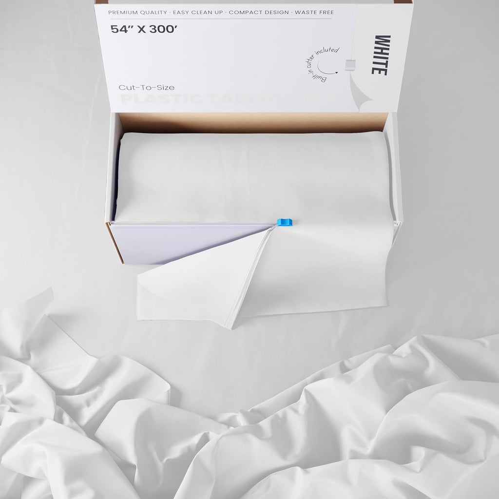 Party Solids White Plastic Table Cover Roll - 54 Inch X 300 Feet with Slide Cutter for Easy Cutting