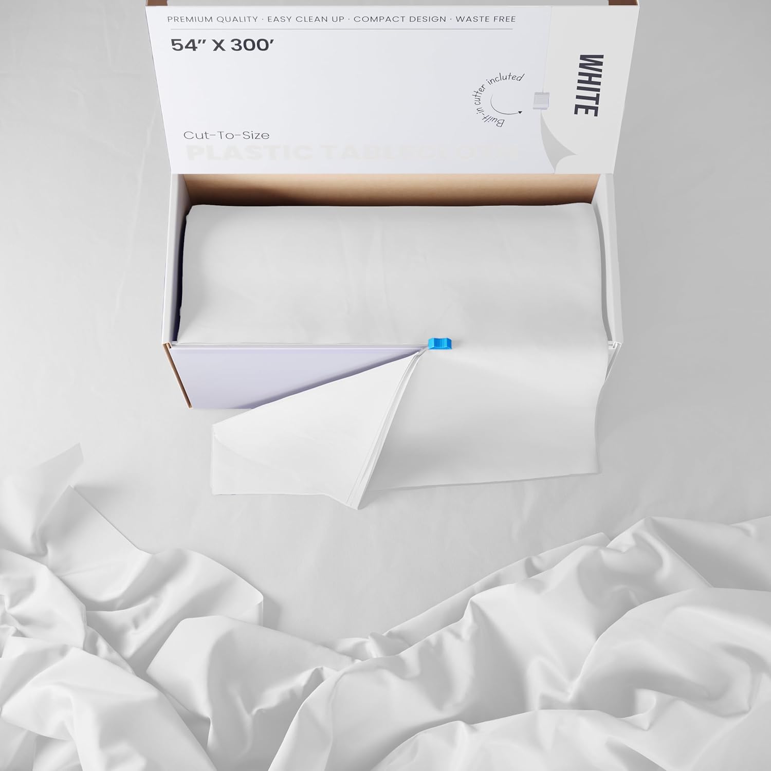 Party Solids White Plastic Table Cover Roll - 54 Inch X 300 Feet with Slide Cutter for Easy Cutting