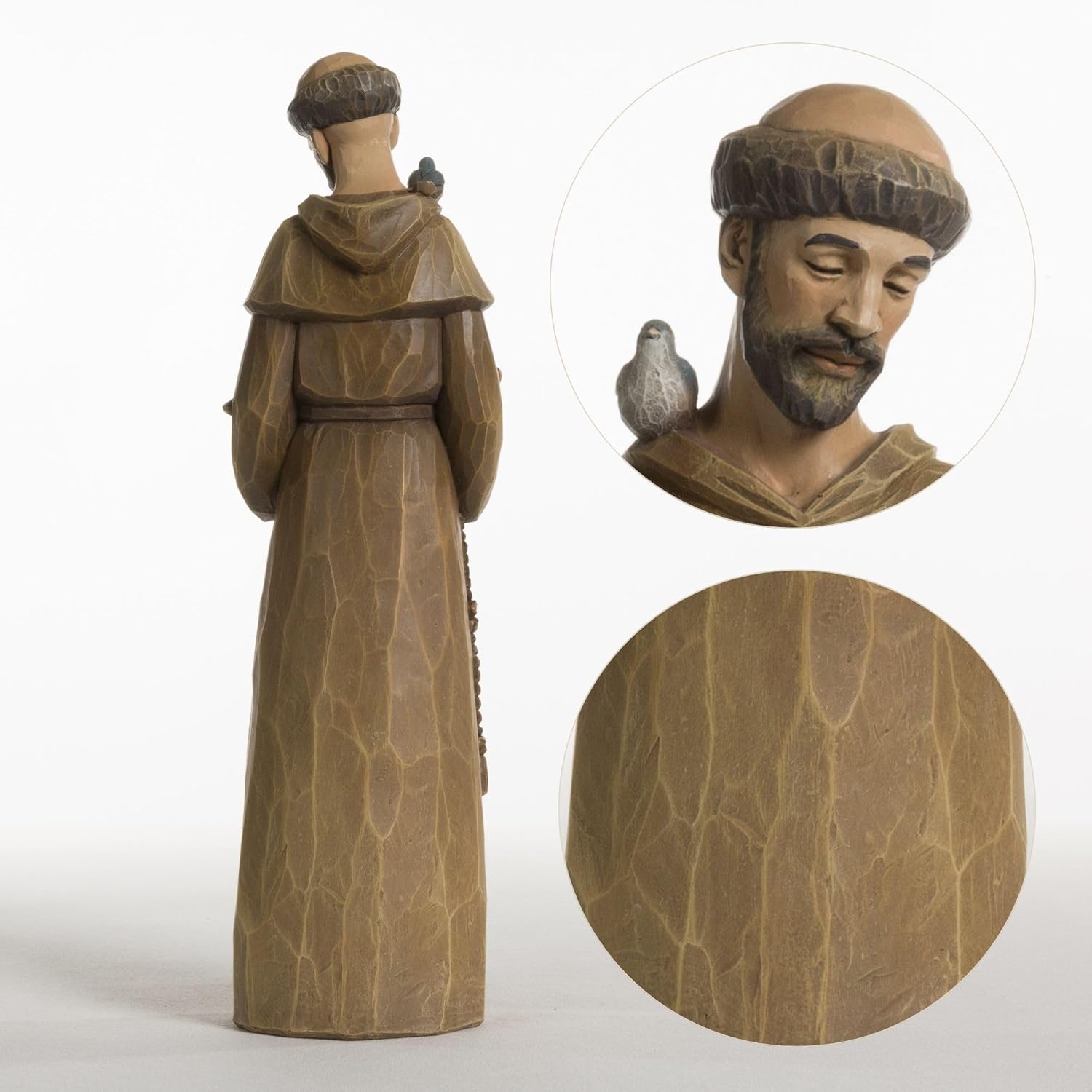 St. Francis Statue - 12-Inch Premium Resin Sculpture with Wood Carving Texture | Patron Saint of Animals & Nature