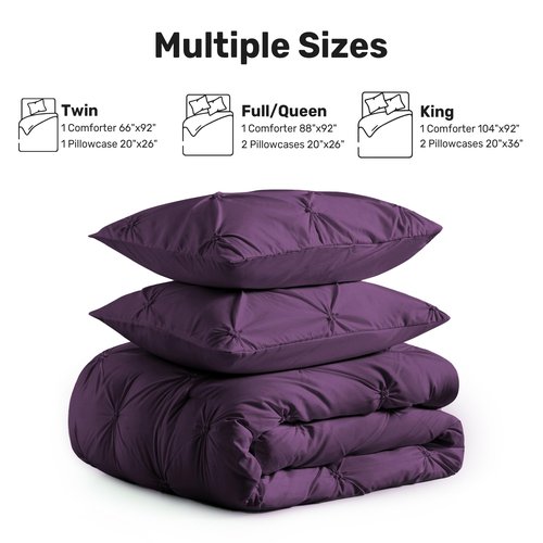 UNIKOME King Size Comforter Set Purple - Ultra Soft Boho Pintuck Down Alternative Bedding Set for All Seasons, 3 Pieces Lightweight Warm Pinch Pleat Bed Set with Comforter, 2 Pillowcases