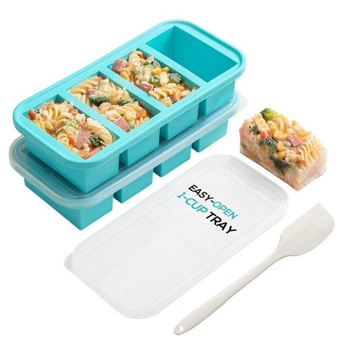 Extra Large Silicone Soup Cubes Freezer Tray With Lid 1 Cup, 2 Pack Silicone Freezer Molds 4-Cube Reusable Soup Storage Containers for Meal Prep, Leftovers & Baby Food