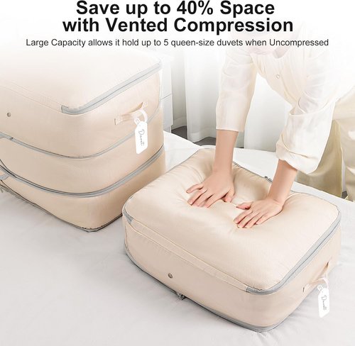Comforter Storage Bag - Large Capacity 3-Layer Compression Organizer | Washable Beige 2-Pack