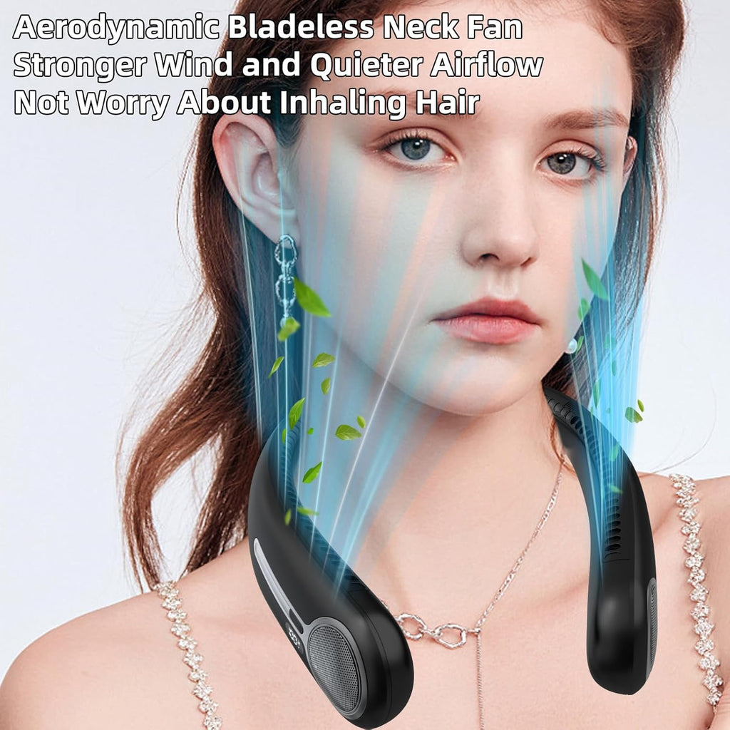 Skiennix Portable Neck Fan - Hands-Free Bladeless Design with 360° Cooling | USB Rechargeable, LED Display, 4 Speeds (Black)