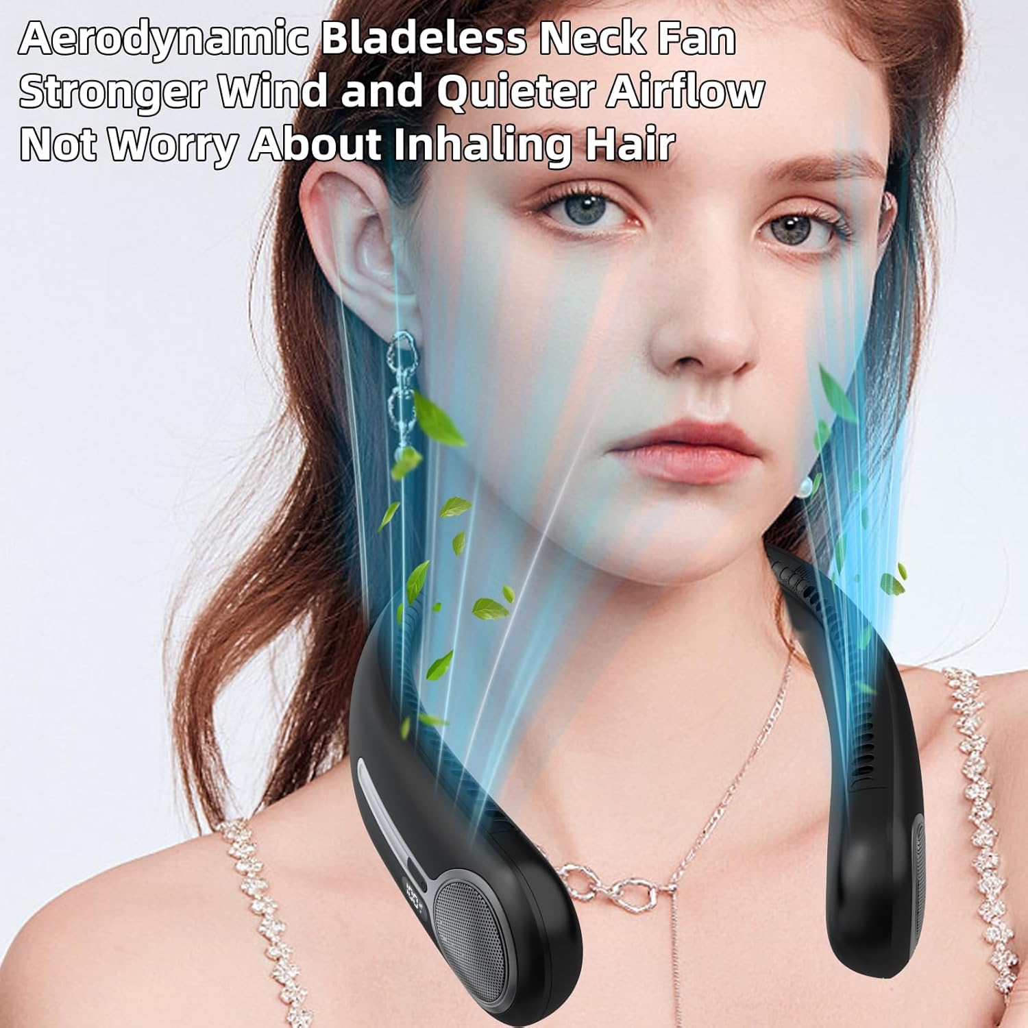 Skiennix Portable Neck Fan - Hands-Free Bladeless Design with 360° Cooling | USB Rechargeable, LED Display, 4 Speeds (Black)
