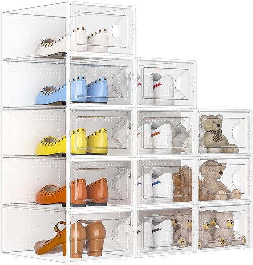 Kuject Shoe Storage Box - Large Crystal Clear Stackable Organizer | Space-Saving 12-Pack for Closet & Entryway