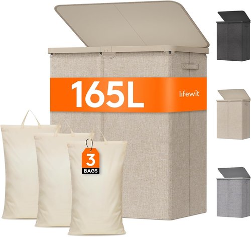 Lifewit Large 165L Laundry Basket - Foldable Hamper with Lid & Removable Bag | Beige