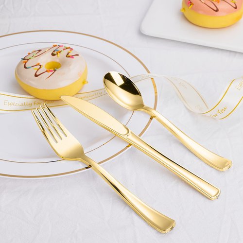 N9R 500PCS Gold Plastic Silverware - Gold Plastic Cutlery Set Disposable Flatware Dinnerware -200 Forks, 150 Spoons, 150 Knives for Party, Birthday, Wedding Utensils