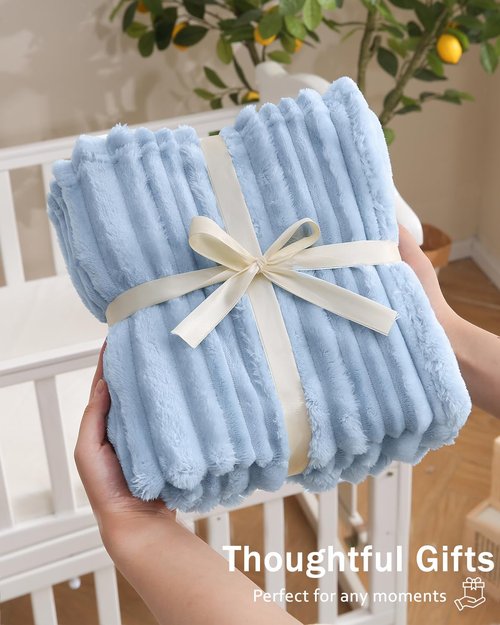 HOMRITAR Baby Blanket for Boys Girls Ultra Soft Warm Fleece Fluffy Blue Blanket for Toddler, Decorative and Giftable Striped Receiving Blankets 30 x 40 Inches 320GSM