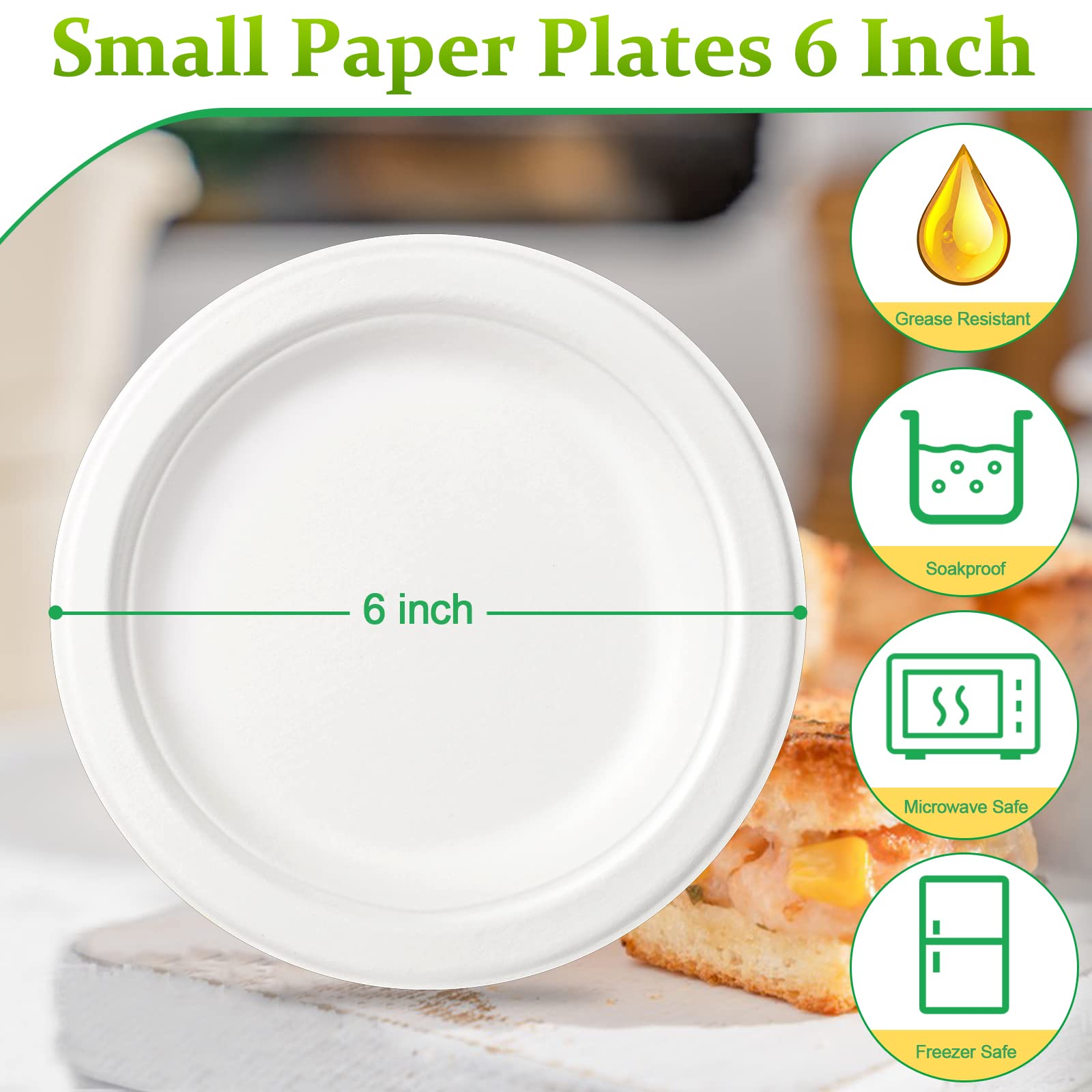Greconv Paper Plates 6 inch, Small Paper Plates 100 Pack, Disposable Plates in Bulk, 100% Compostable Paper Plates, Sturdy Heavy Duty Plates for Dessert, Cake, Appetizer, White