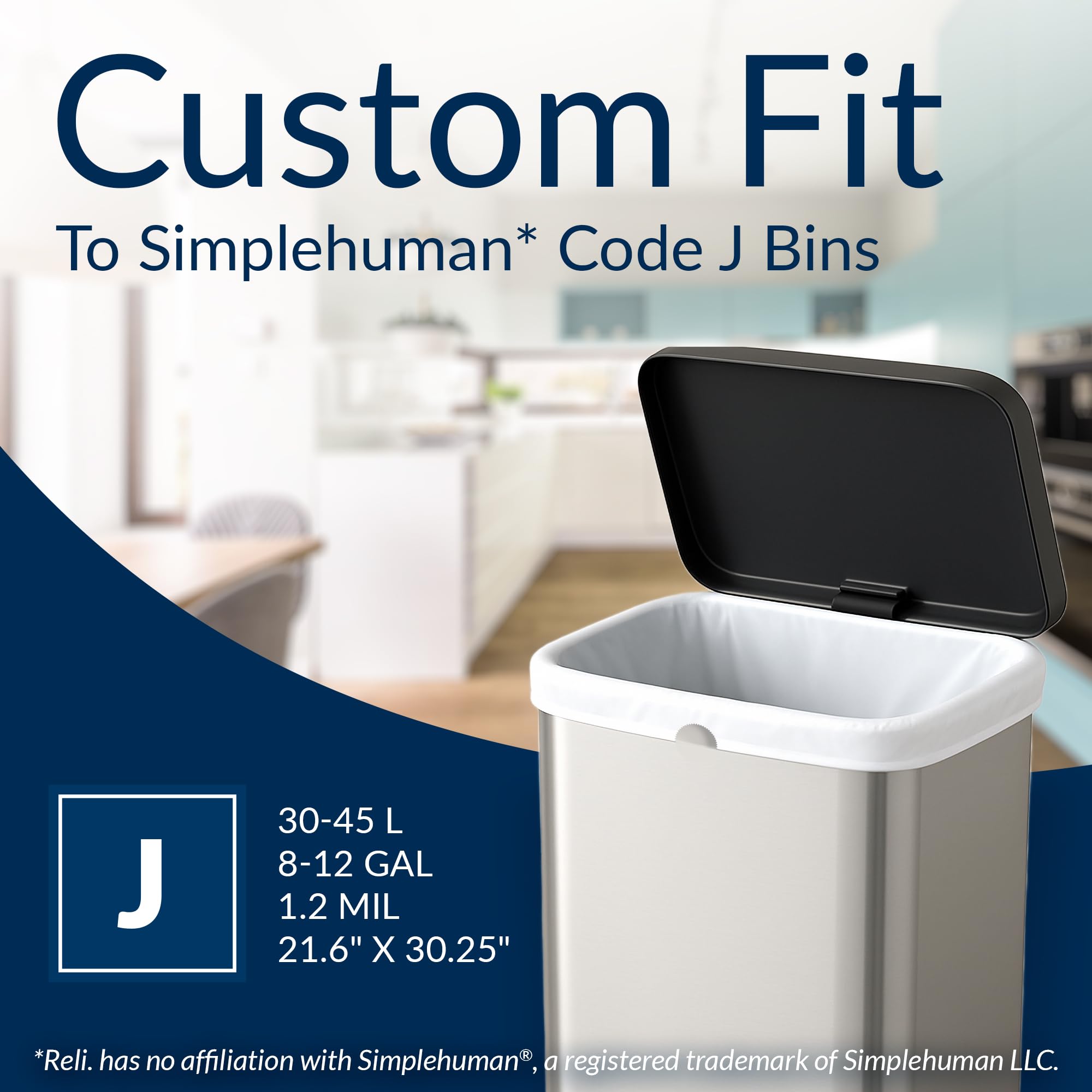 Reli. SuperFit Code J (225 Count) | Compatible with Simplehuman Code J | Custom Fit Liners | Drawstring Trash Bags | 30-45 Liter / 8-12 Gallon | White | Roll Pack