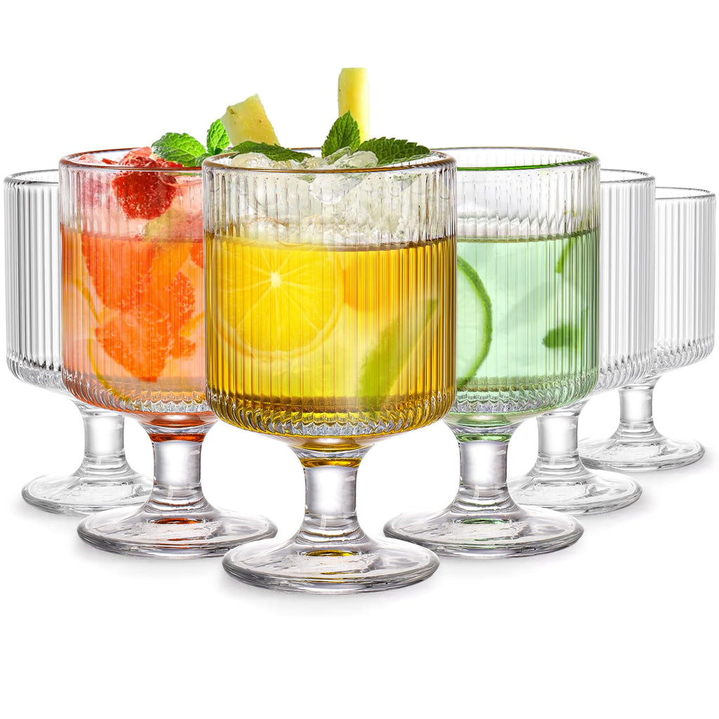 DEAYOU Set of 6 Ribbed Vintage Wine Glasses, 8 oz Clear Interlocking Ribbed Water Goblet Glasses, Unique Short Stem Cocktail Glasses for Iced Tea, Juice, Whiskey, Beer, Dessert, Party