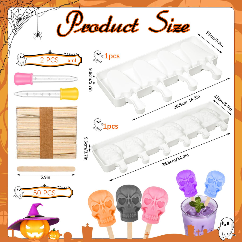 FillTouch 2 Pack Halloween Silicone Ice Cream Mold Homemade Cakesicle Mold Kits Silicone Ghost Skull Ice Pops with 50 Wooden Sticks and 2 Droppers Craft Sticks for Baking and Home Snacks DIY