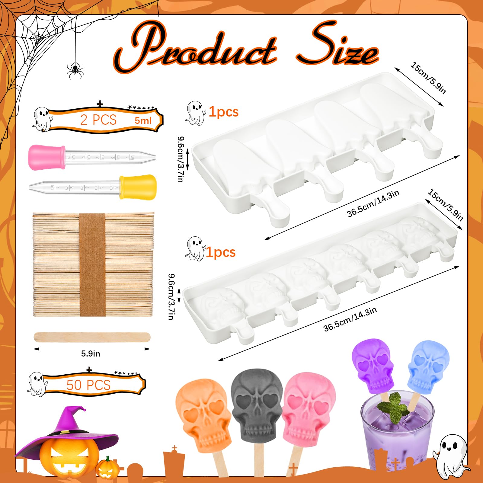 FillTouch 2 Pack Halloween Silicone Ice Cream Mold Homemade Cakesicle Mold Kits Silicone Ghost Skull Ice Pops with 50 Wooden Sticks and 2 Droppers Craft Sticks for Baking and Home Snacks DIY
