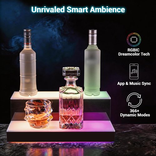 GOH&FTY Smart RGBIC Bottom Glow LED Liquor Bottle Display Shelf - 16-Inch 2-Tier Bar Shelf with App & Remote Control, 366 Modes Music Sync for Home Bar Man Cave Decor, Gifts for Men