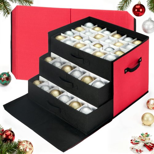 Inin Christmas Ornament Storage Box - Adjustable Dividers & Stackable Design | Holds 72 Balls, Red